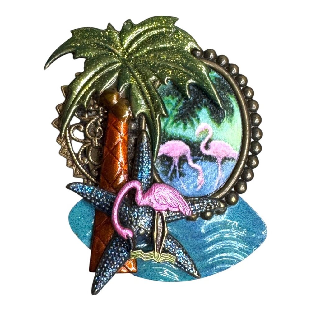 Vtg Tropical Pink Flamingo Brooch Palm Tree Starfish Ocean Beach Nautical Cruise